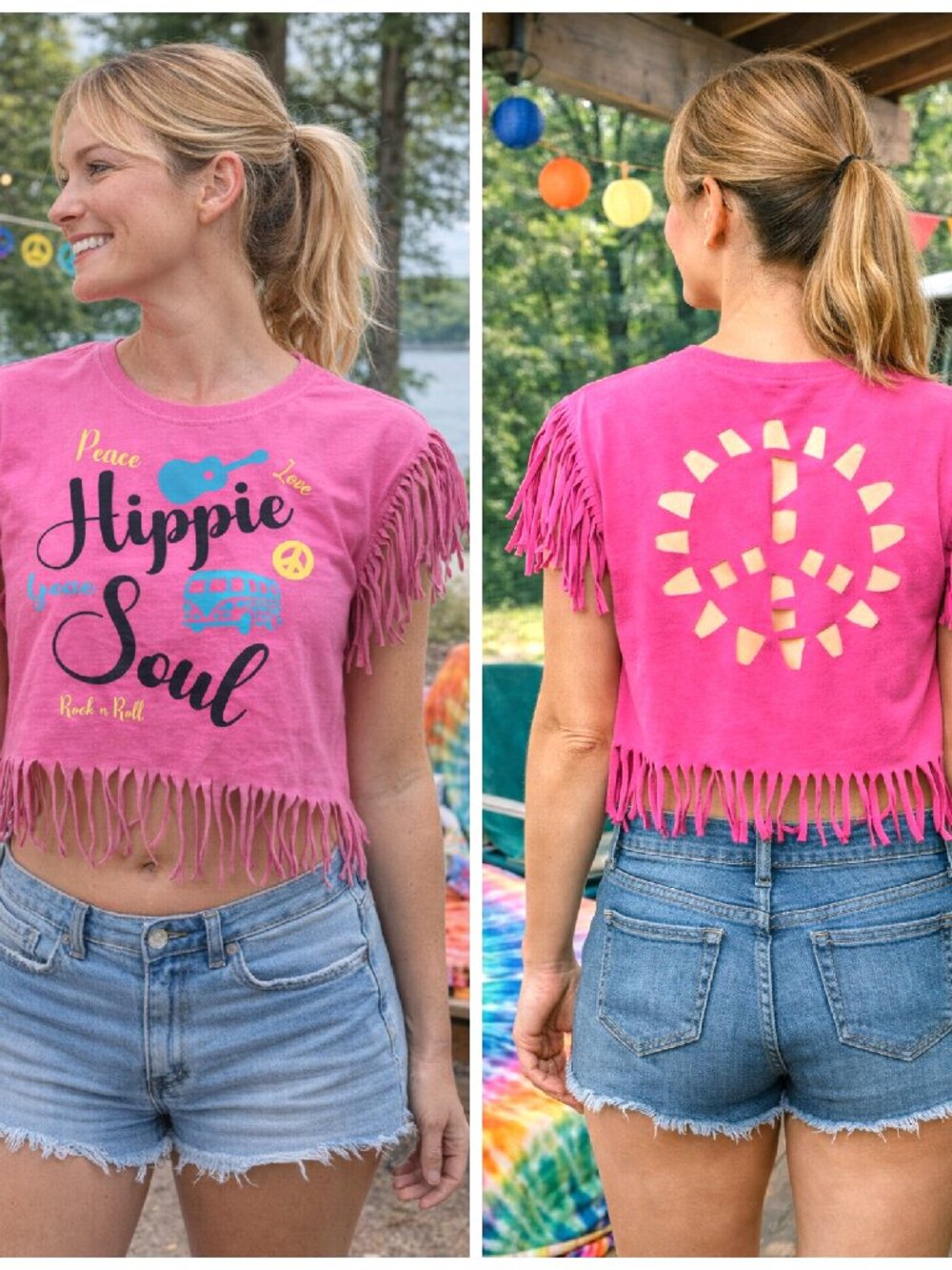 Upcycled Summer Shirt Cut Out Back Top Hippie Soul Retro Graphic Size Medium